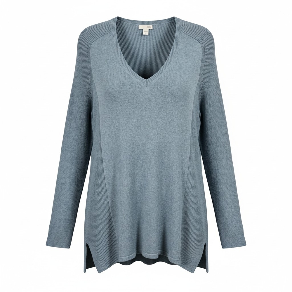 J. Jill Sweater Tunic Top Sz M Blue V Neck Long Sleeve Ribbed Casual Lagenlook
